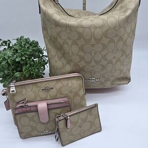 Coach Tan and Pink Women's Purse Wallet Wristlet Keychain 4 Pc Bag Set